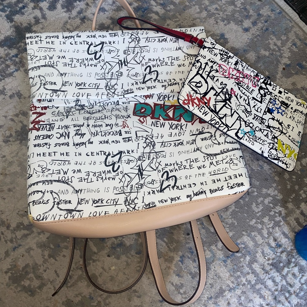 DKNY graffiti backpack and wristlet
